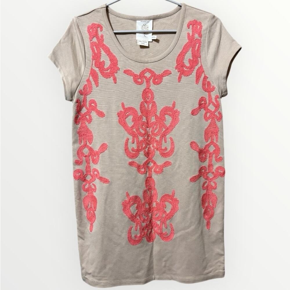 Meadow Rue Tan Tunic with Coral Tapestry on Front Size Medium